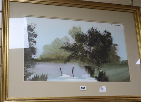 Jim Spencer, watercolour, figures by a lake, 36.5 x 62cm